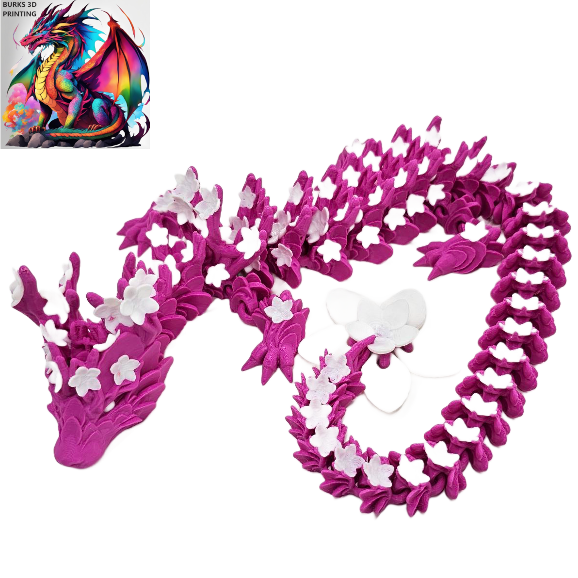 Cherry Blossom Dragon, 3D Printed Dragon Fidget 2ft Long. Fully Articulated Dragon 3D Printed Desk Fidget Gift for Men and Women