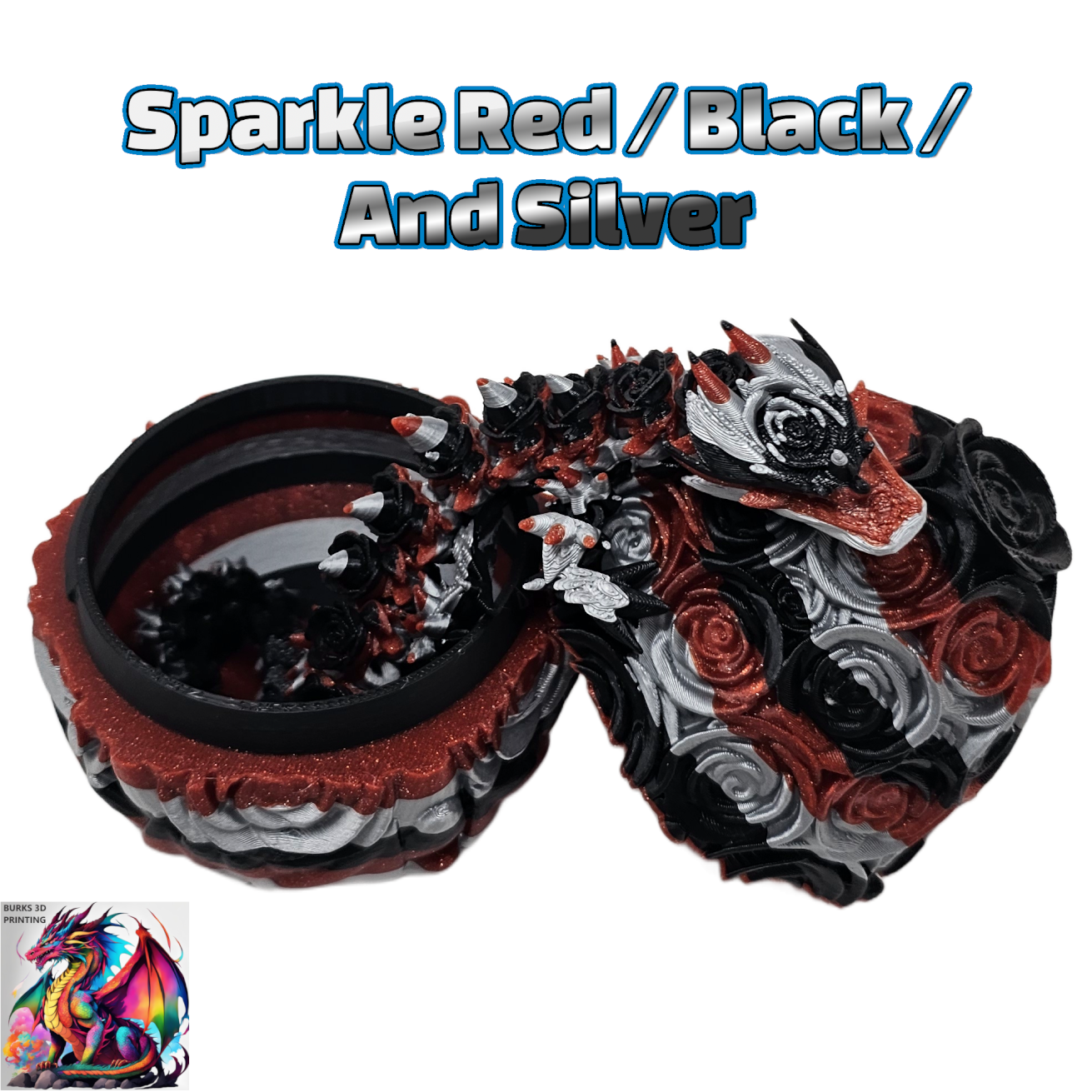 Rose Dragon Rainbow Transition Colors with Matching Rose Egg, 3D Printed Fully Articulated Desk Fidget Dragon Red, White, Blue, Orange, Pink