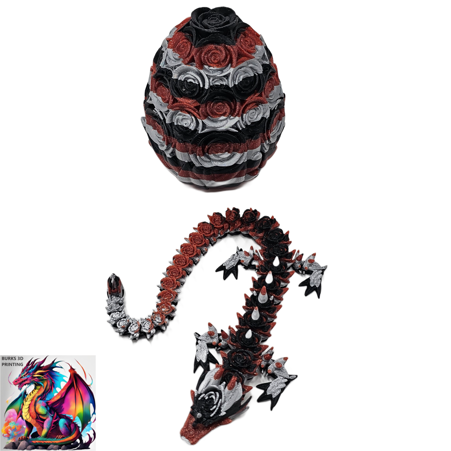 Rose Dragon Rainbow Transition Colors with Matching Rose Egg, 3D Printed Fully Articulated Desk Fidget Dragon Red, White, Blue, Orange, Pink