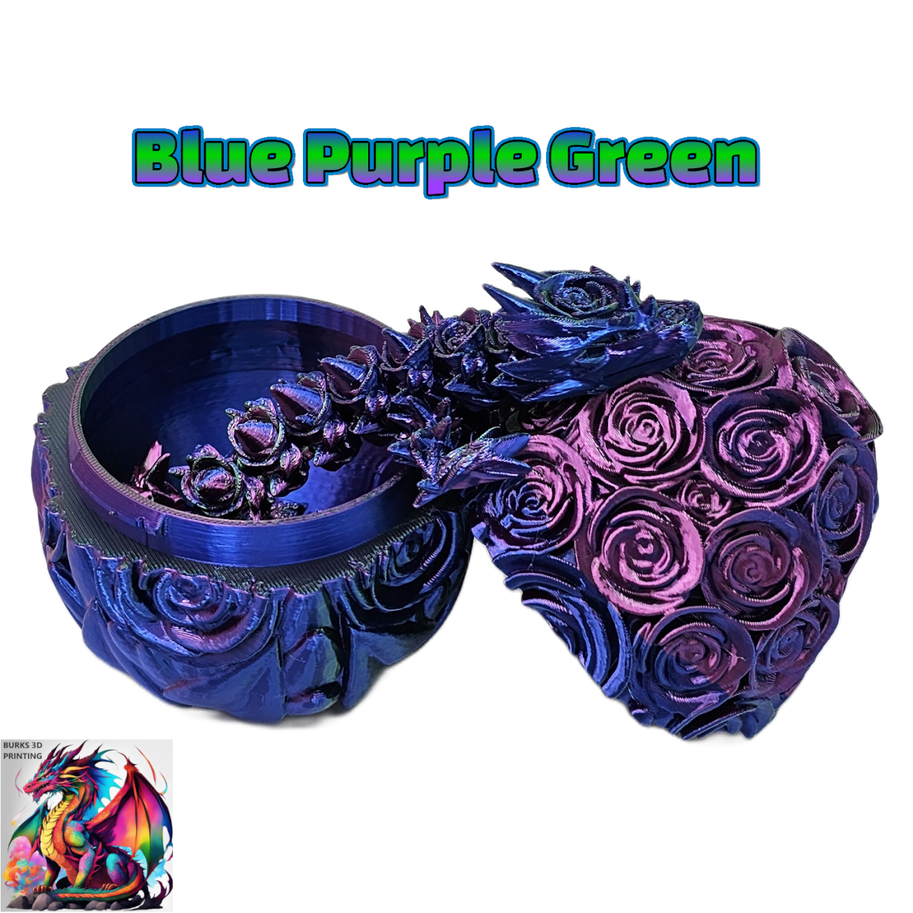 Rose Dragon Rainbow Transition Colors with Matching Rose Egg, 3D Printed Fully Articulated Desk Fidget Dragon Red, White, Blue, Orange, Pink