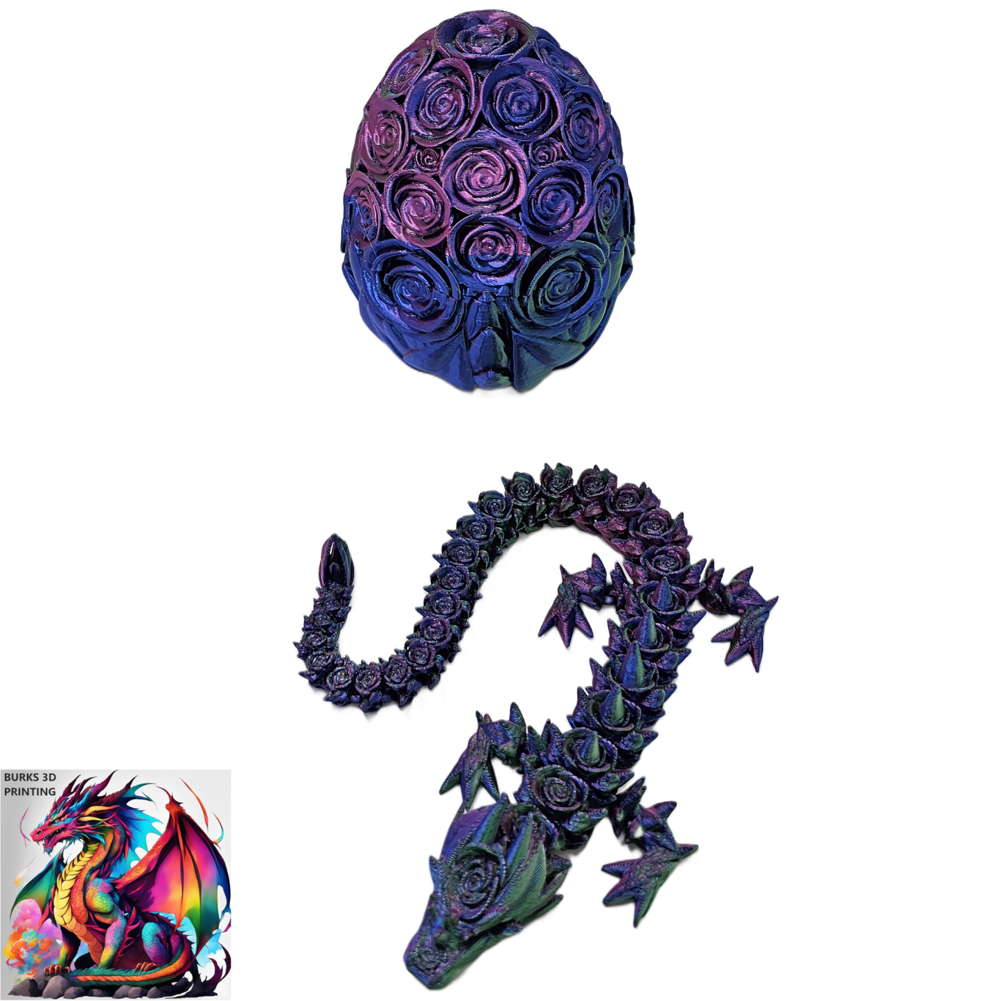 Rose Dragon Rainbow Transition Colors with Matching Rose Egg, 3D Printed Fully Articulated Desk Fidget Dragon Red, White, Blue, Orange, Pink