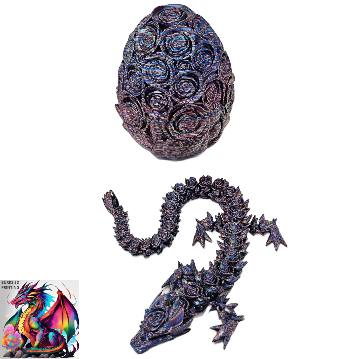 Rose Dragon Rainbow Transition Colors with Matching Rose Egg, 3D Printed Fully Articulated Desk Fidget Dragon Red, White, Blue, Orange, Pink
