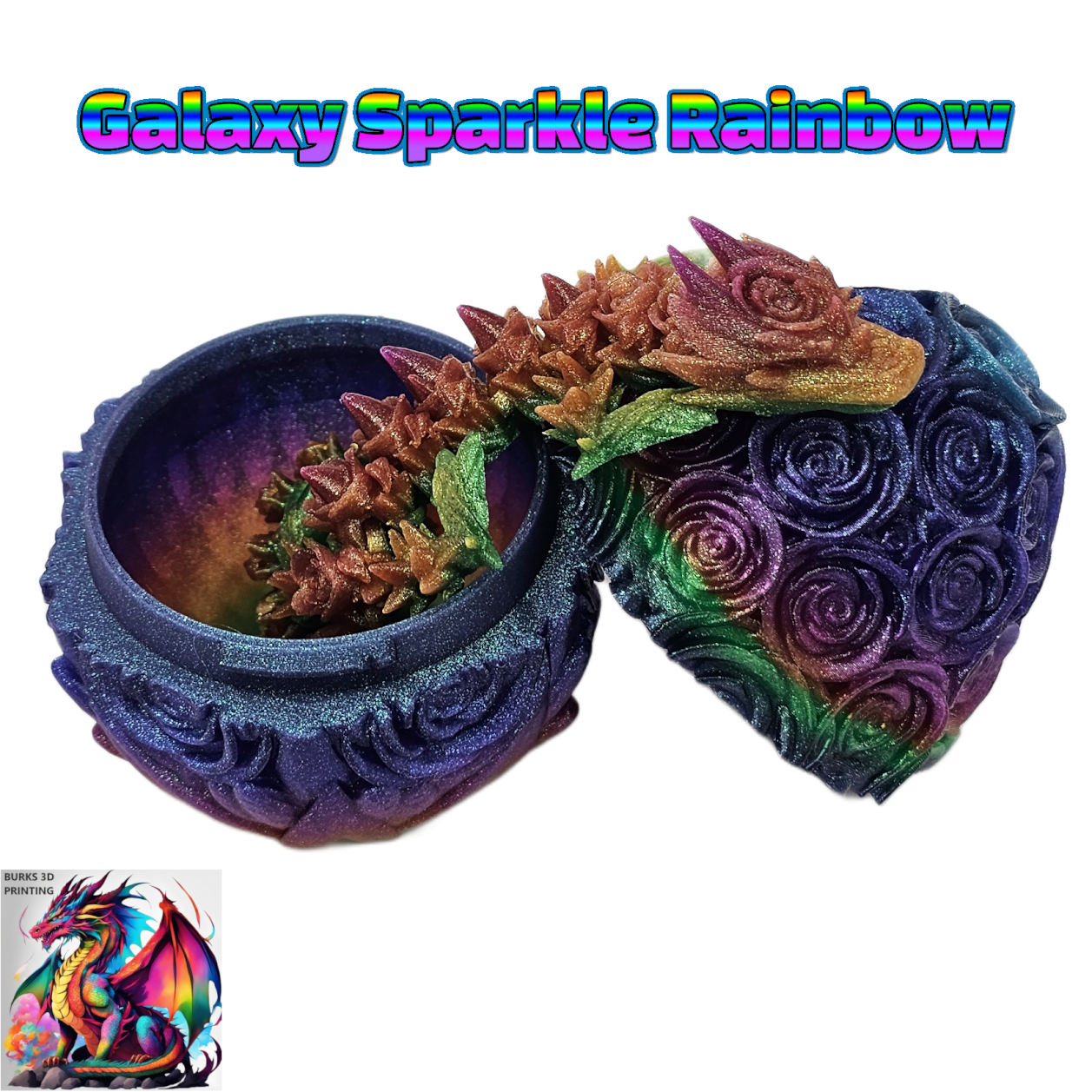 Rose Dragon Rainbow Transition Colors with Matching Rose Egg, 3D Printed Fully Articulated Desk Fidget Dragon Red, White, Blue, Orange, Pink