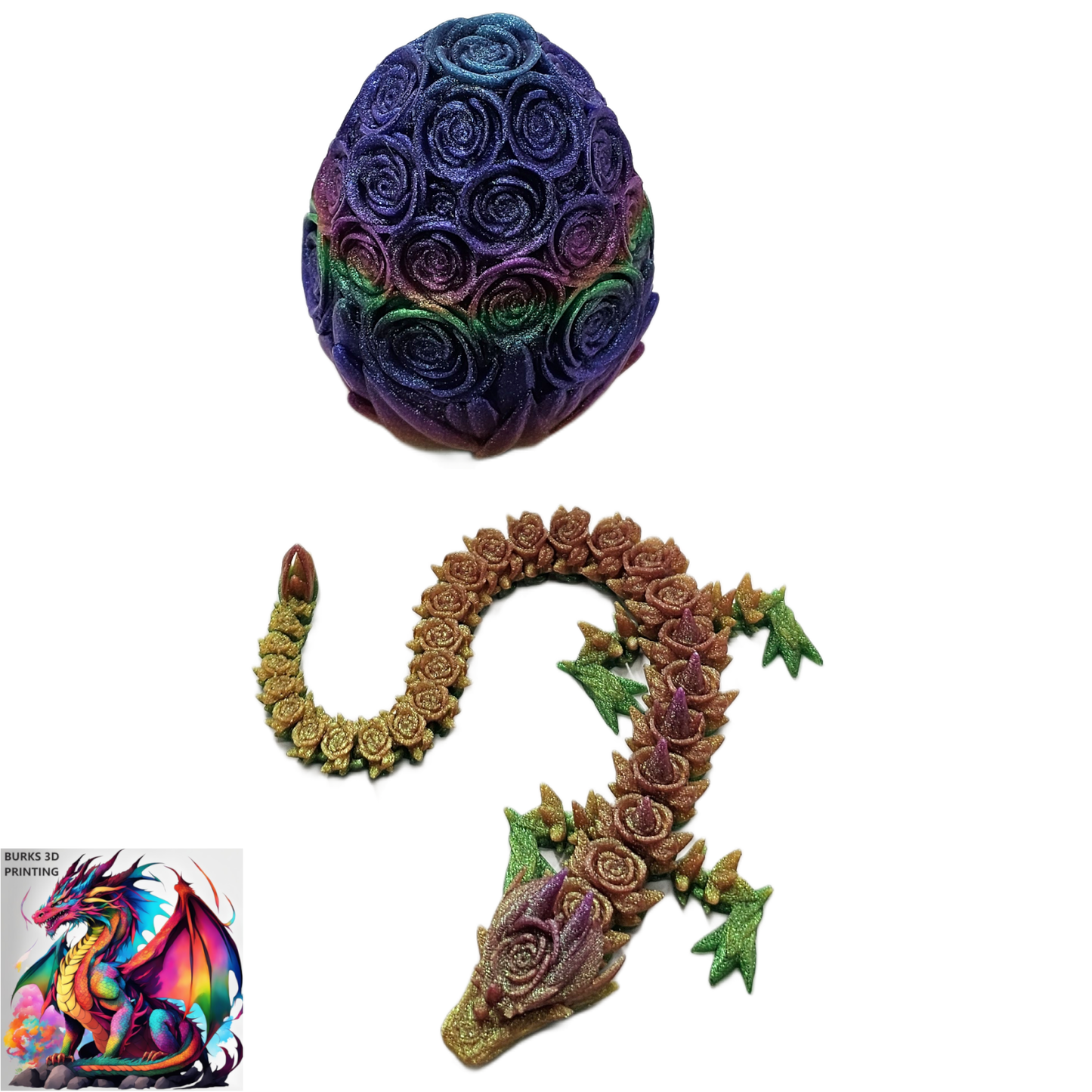 Rose Dragon Rainbow Transition Colors with Matching Rose Egg, 3D Printed Fully Articulated Desk Fidget Dragon Red, White, Blue, Orange, Pink