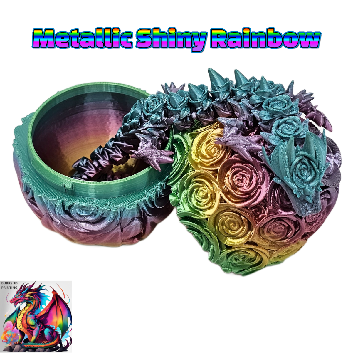 Rose Dragon Rainbow Transition Colors with Matching Rose Egg, 3D Printed Fully Articulated Desk Fidget Dragon Red, White, Blue, Orange, Pink