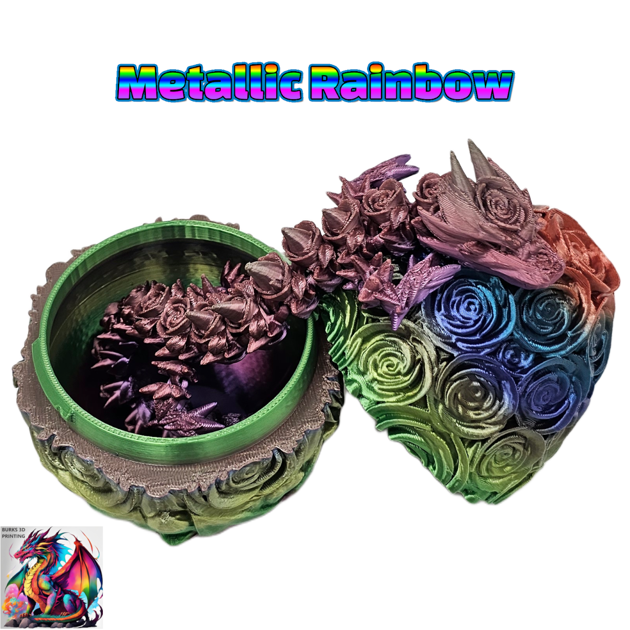 Rose Dragon Rainbow Transition Colors with Matching Rose Egg, 3D Printed Fully Articulated Desk Fidget Dragon Red, White, Blue, Orange, Pink