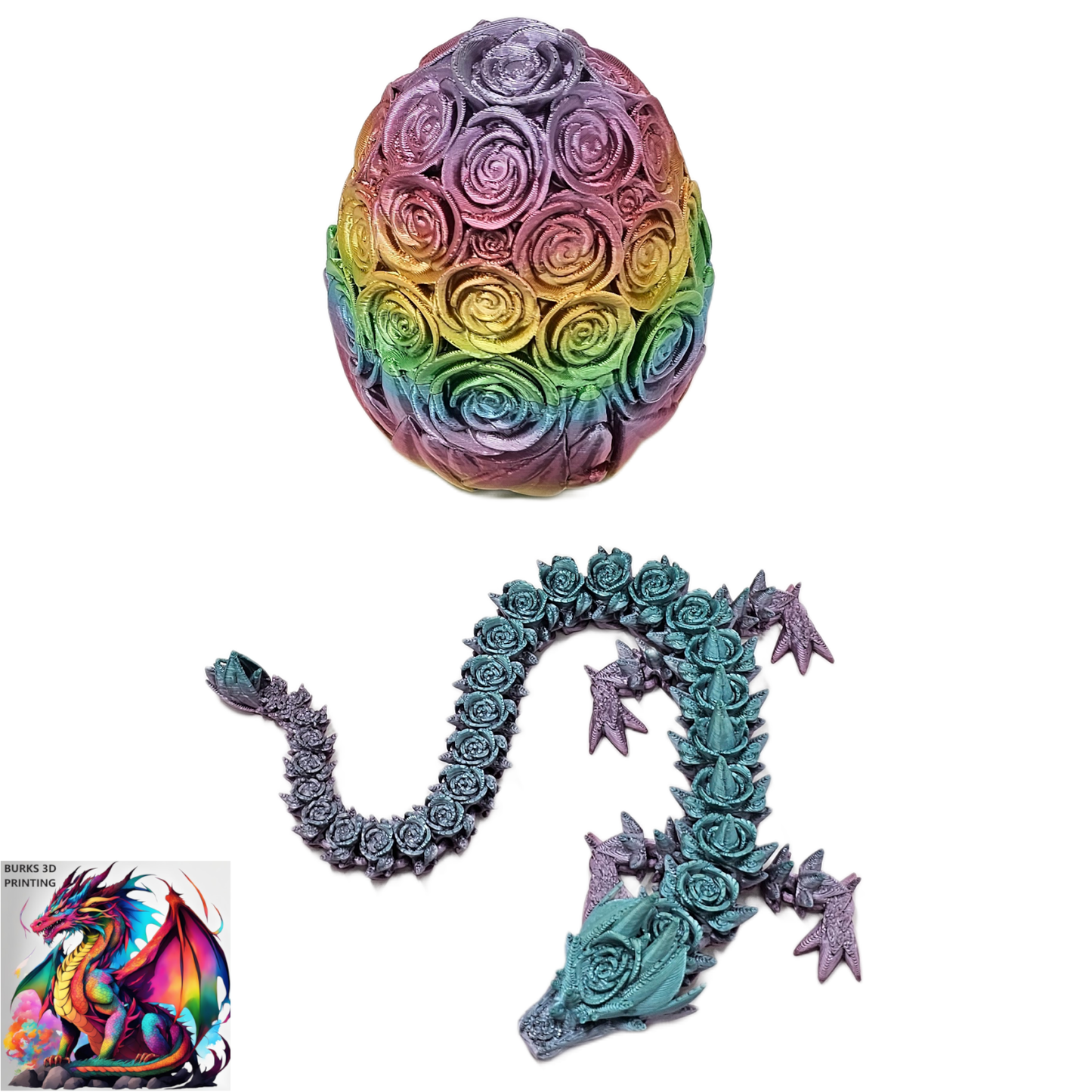 Rose Dragon Rainbow Transition Colors with Matching Rose Egg, 3D Printed Fully Articulated Desk Fidget Dragon Red, White, Blue, Orange, Pink