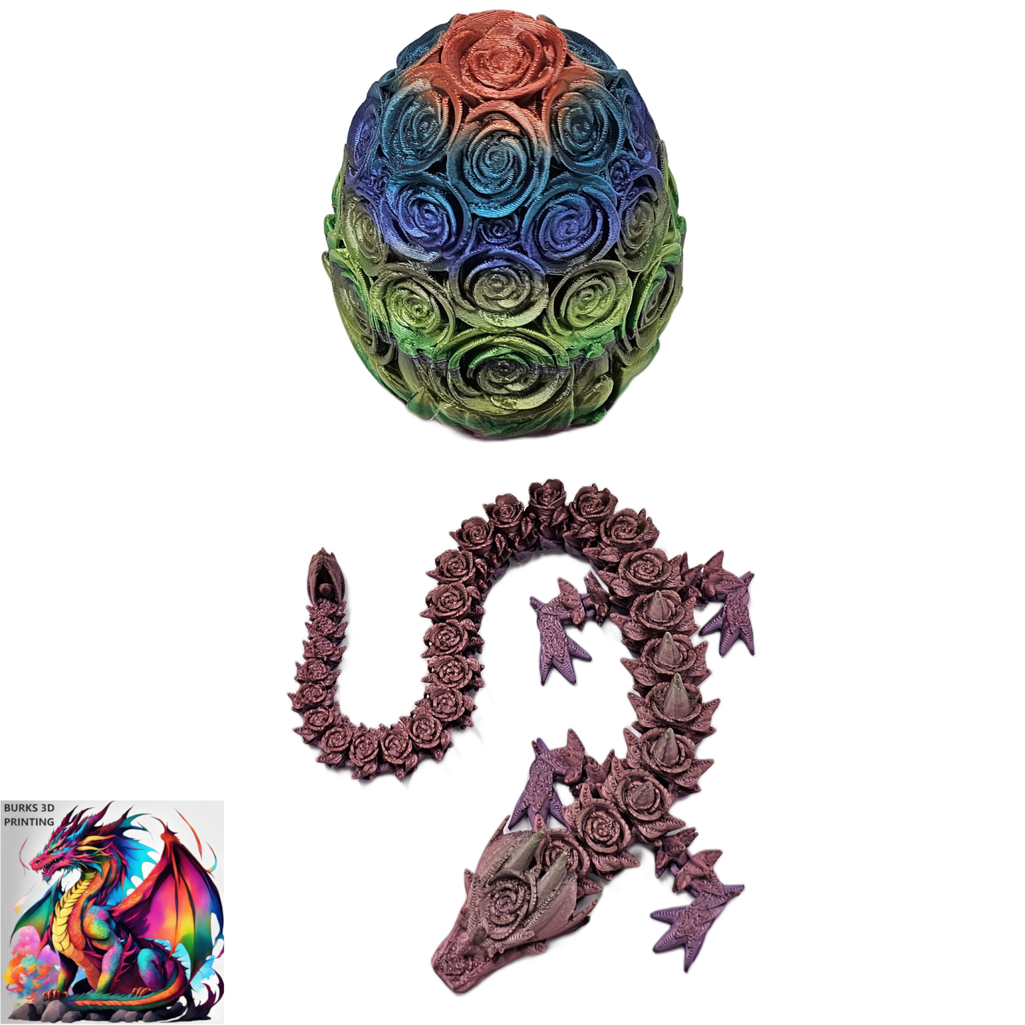 Rose Dragon Rainbow Transition Colors with Matching Rose Egg, 3D Printed Fully Articulated Desk Fidget Dragon Red, White, Blue, Orange, Pink