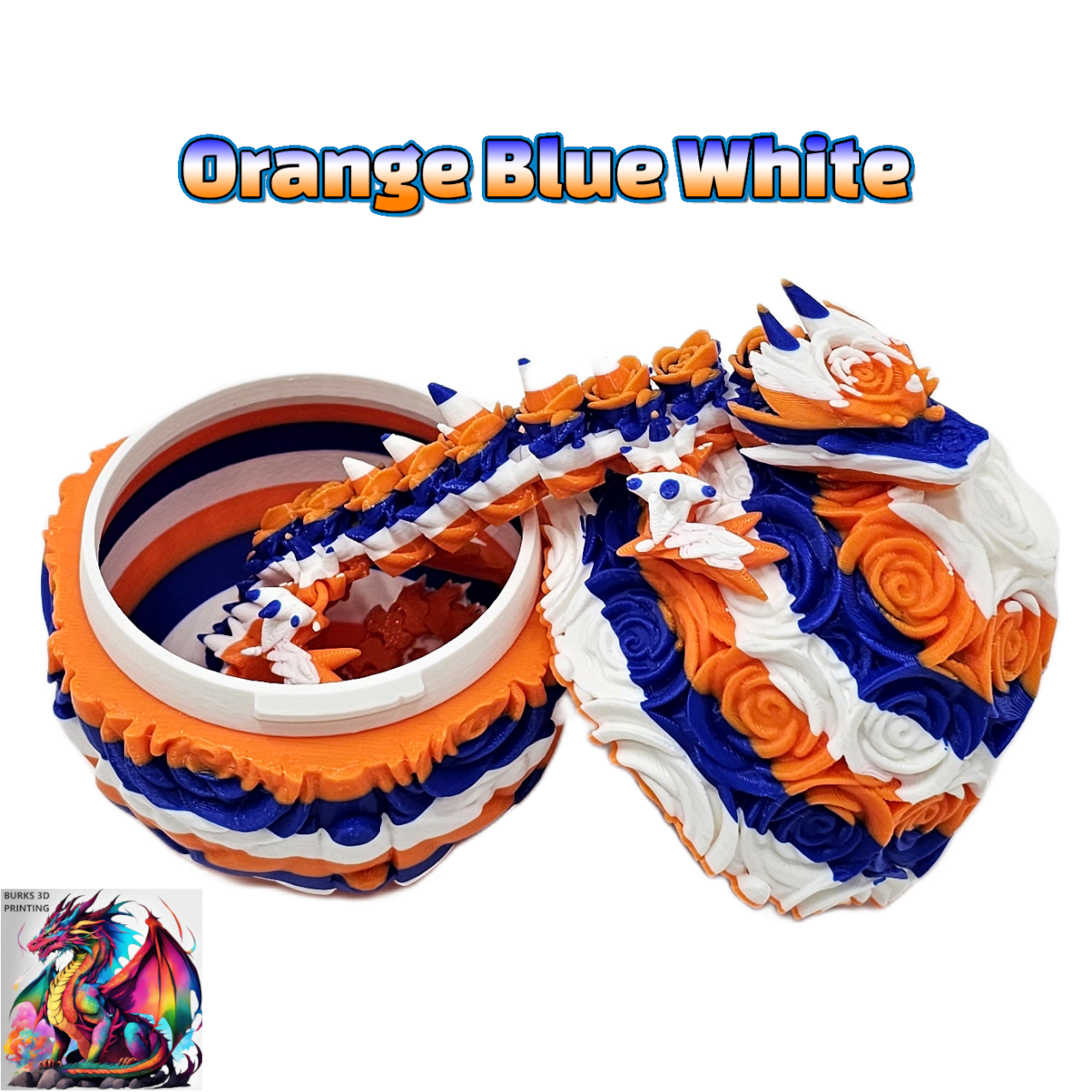 Rose Dragon Rainbow Transition Colors with Matching Rose Egg, 3D Printed Fully Articulated Desk Fidget Dragon Red, White, Blue, Orange, Pink