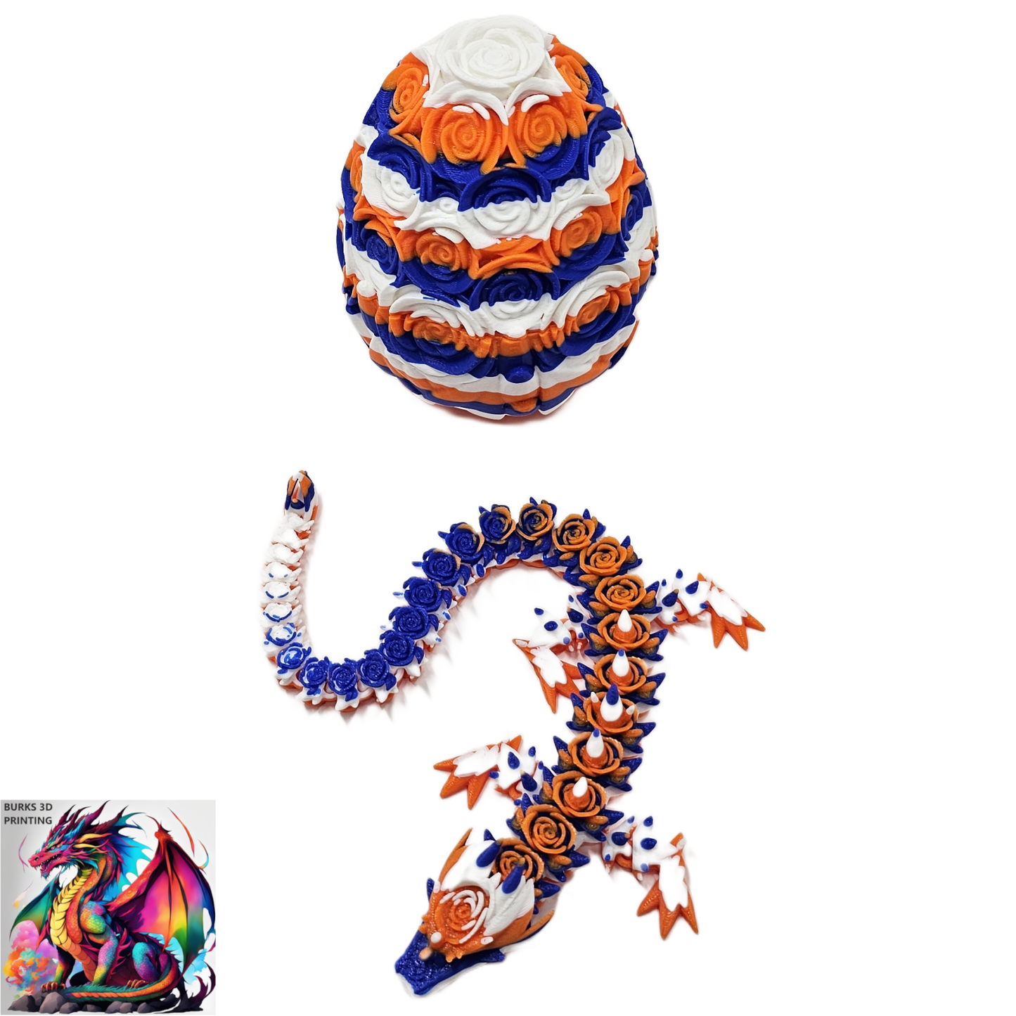 Rose Dragon Rainbow Transition Colors with Matching Rose Egg, 3D Printed Fully Articulated Desk Fidget Dragon Red, White, Blue, Orange, Pink