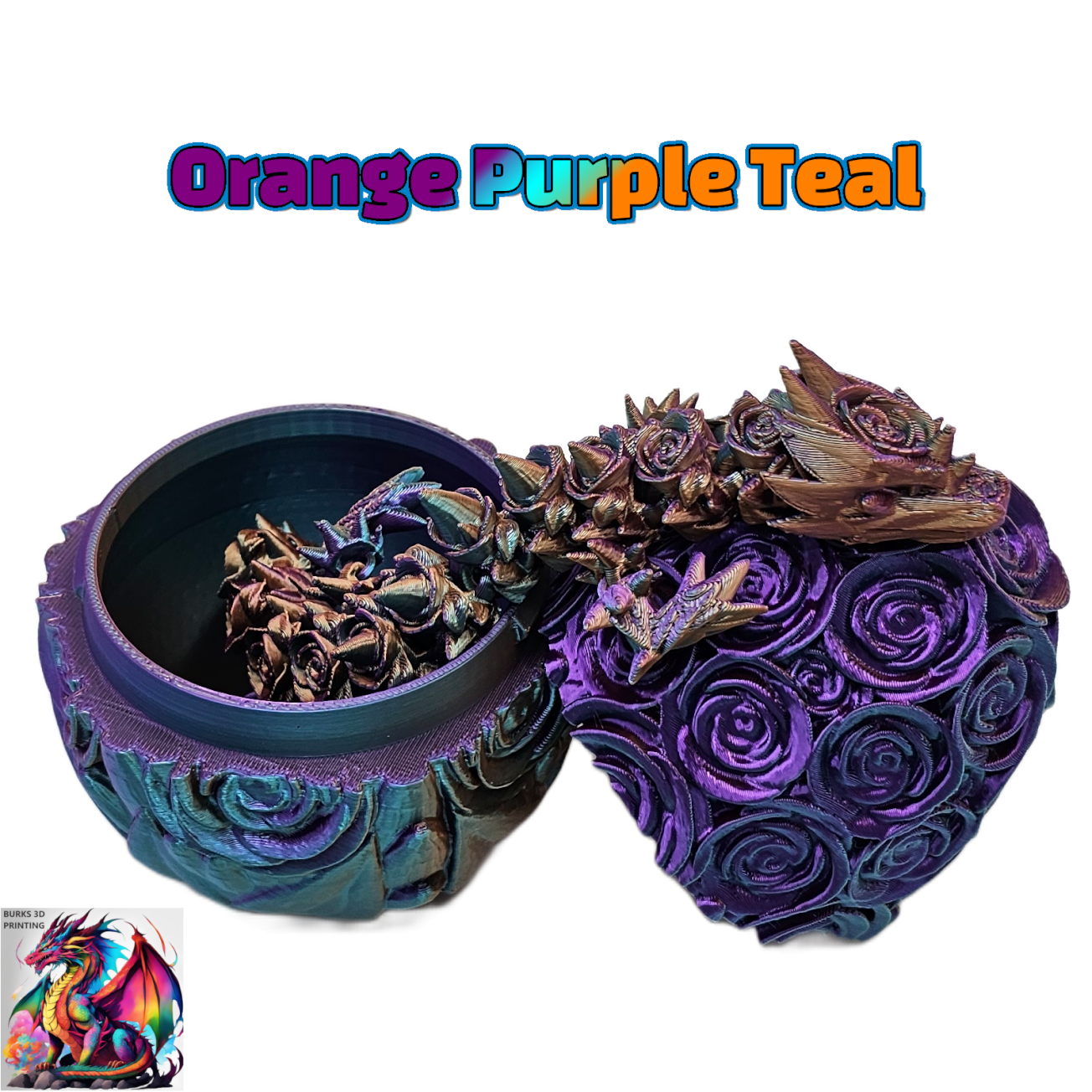 Rose Dragon Rainbow Transition Colors with Matching Rose Egg, 3D Printed Fully Articulated Desk Fidget Dragon Red, White, Blue, Orange, Pink