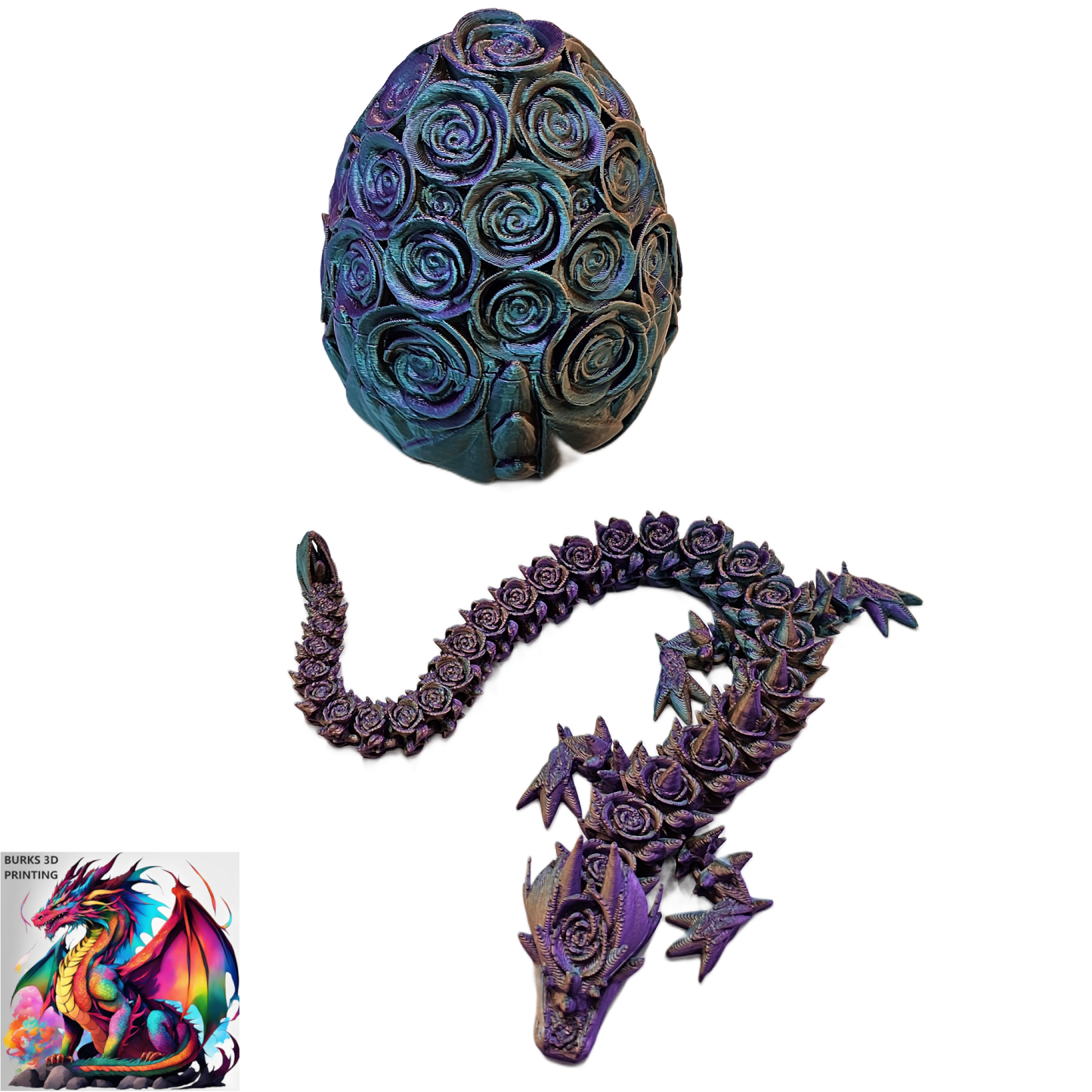 Rose Dragon Rainbow Transition Colors with Matching Rose Egg, 3D Printed Fully Articulated Desk Fidget Dragon Red, White, Blue, Orange, Pink