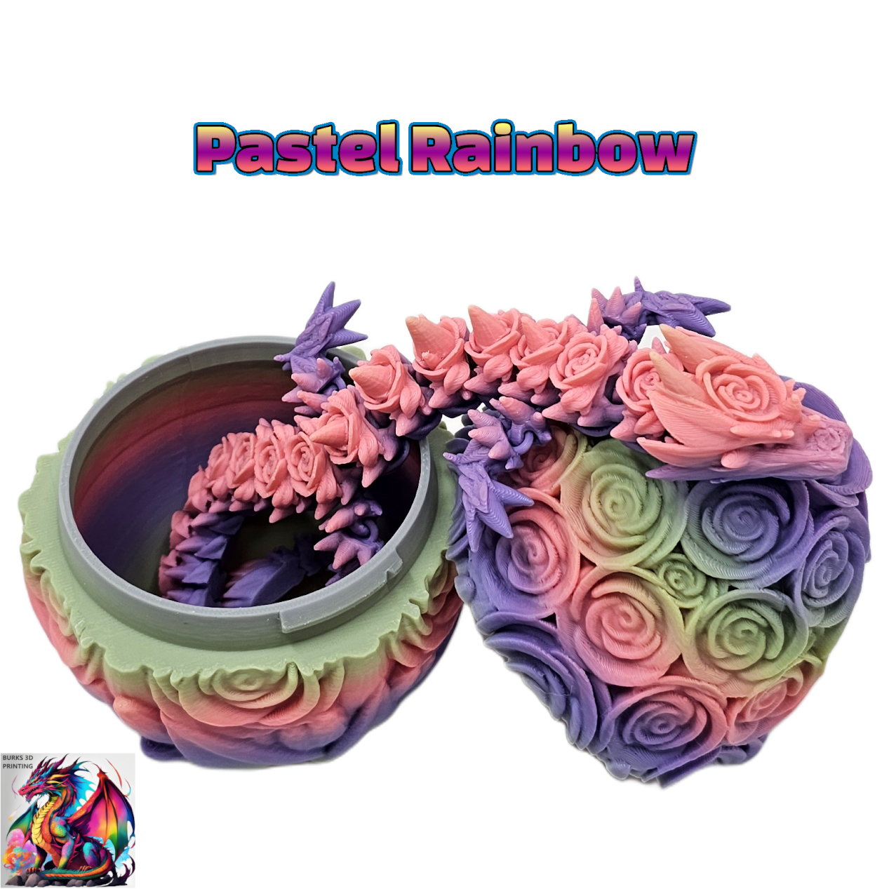 Rose Dragon Rainbow Transition Colors with Matching Rose Egg, 3D Printed Fully Articulated Desk Fidget Dragon Red, White, Blue, Orange, Pink