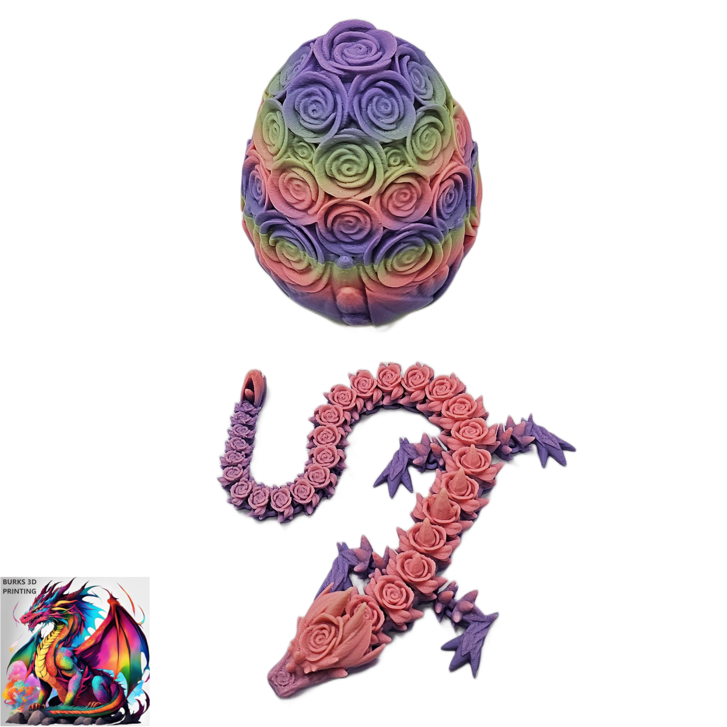 Rose Dragon Rainbow Transition Colors with Matching Rose Egg, 3D Printed Fully Articulated Desk Fidget Dragon Red, White, Blue, Orange, Pink