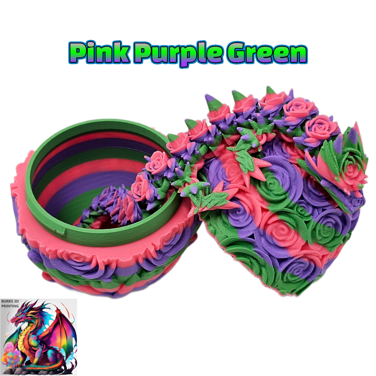 Rose Dragon Rainbow Transition Colors with Matching Rose Egg, 3D Printed Fully Articulated Desk Fidget Dragon Red, White, Blue, Orange, Pink
