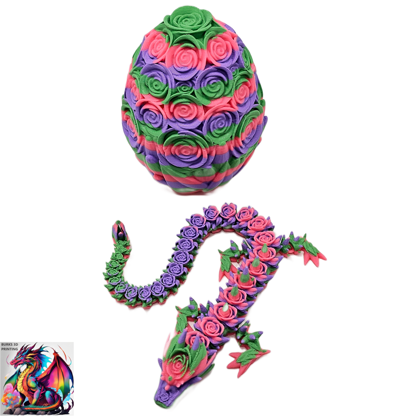 Rose Dragon Rainbow Transition Colors with Matching Rose Egg, 3D Printed Fully Articulated Desk Fidget Dragon Red, White, Blue, Orange, Pink