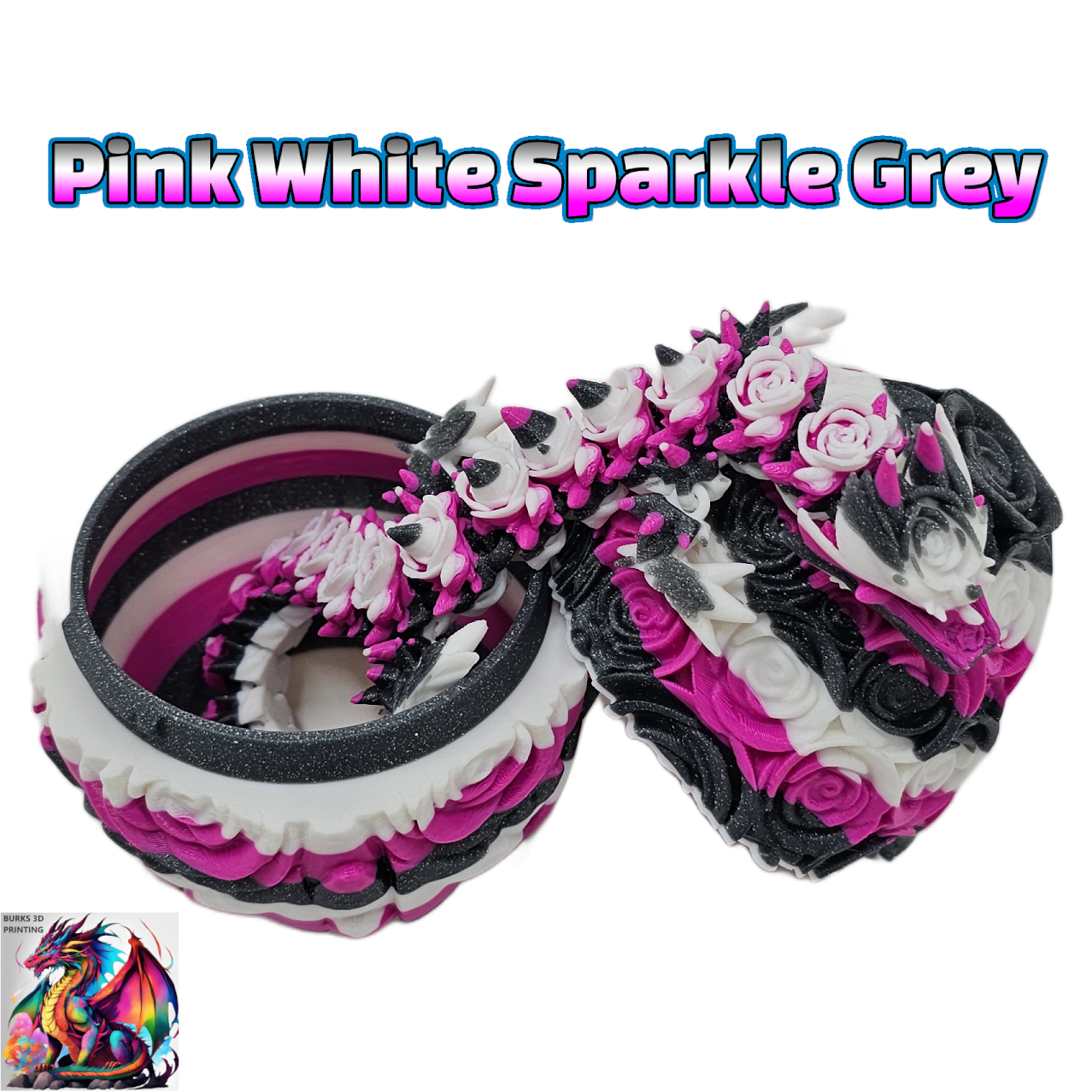 Rose Dragon Rainbow Transition Colors with Matching Rose Egg, 3D Printed Fully Articulated Desk Fidget Dragon Red, White, Blue, Orange, Pink