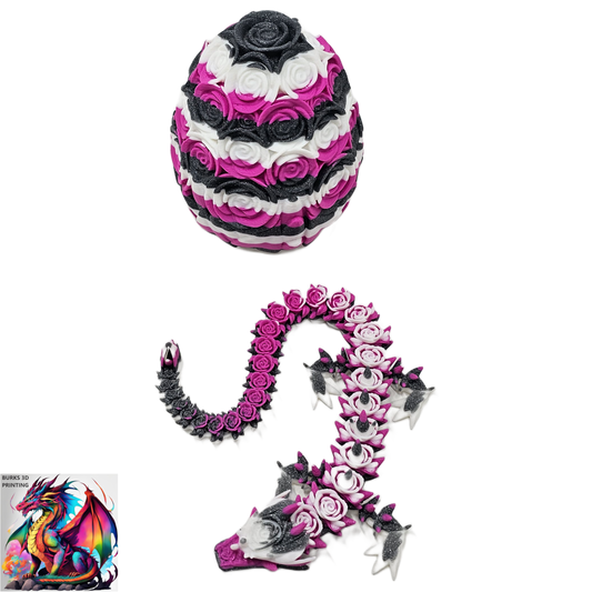 Rose Dragon Rainbow Transition Colors with Matching Rose Egg, 3D Printed Fully Articulated Desk Fidget Dragon Red, White, Blue, Orange, Pink