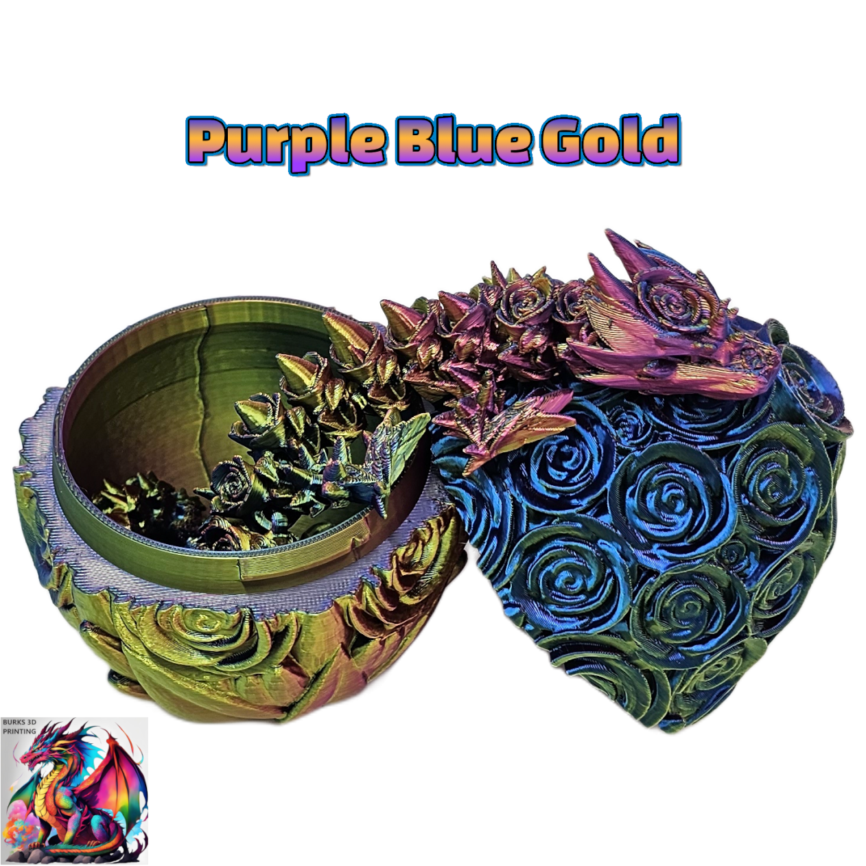 Rose Dragon Rainbow Transition Colors with Matching Rose Egg, 3D Printed Fully Articulated Desk Fidget Dragon Red, White, Blue, Orange, Pink