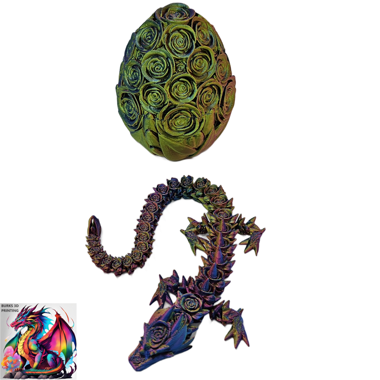 Rose Dragon Rainbow Transition Colors with Matching Rose Egg, 3D Printed Fully Articulated Desk Fidget Dragon Red, White, Blue, Orange, Pink
