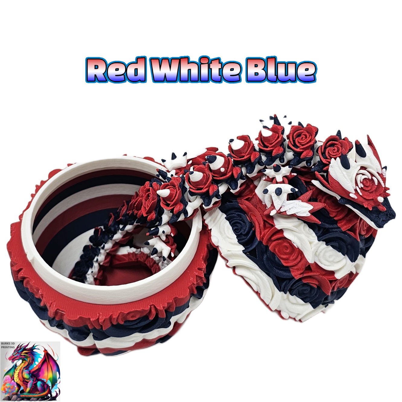 Rose Dragon Rainbow Transition Colors with Matching Rose Egg, 3D Printed Fully Articulated Desk Fidget Dragon Red, White, Blue, Orange, Pink