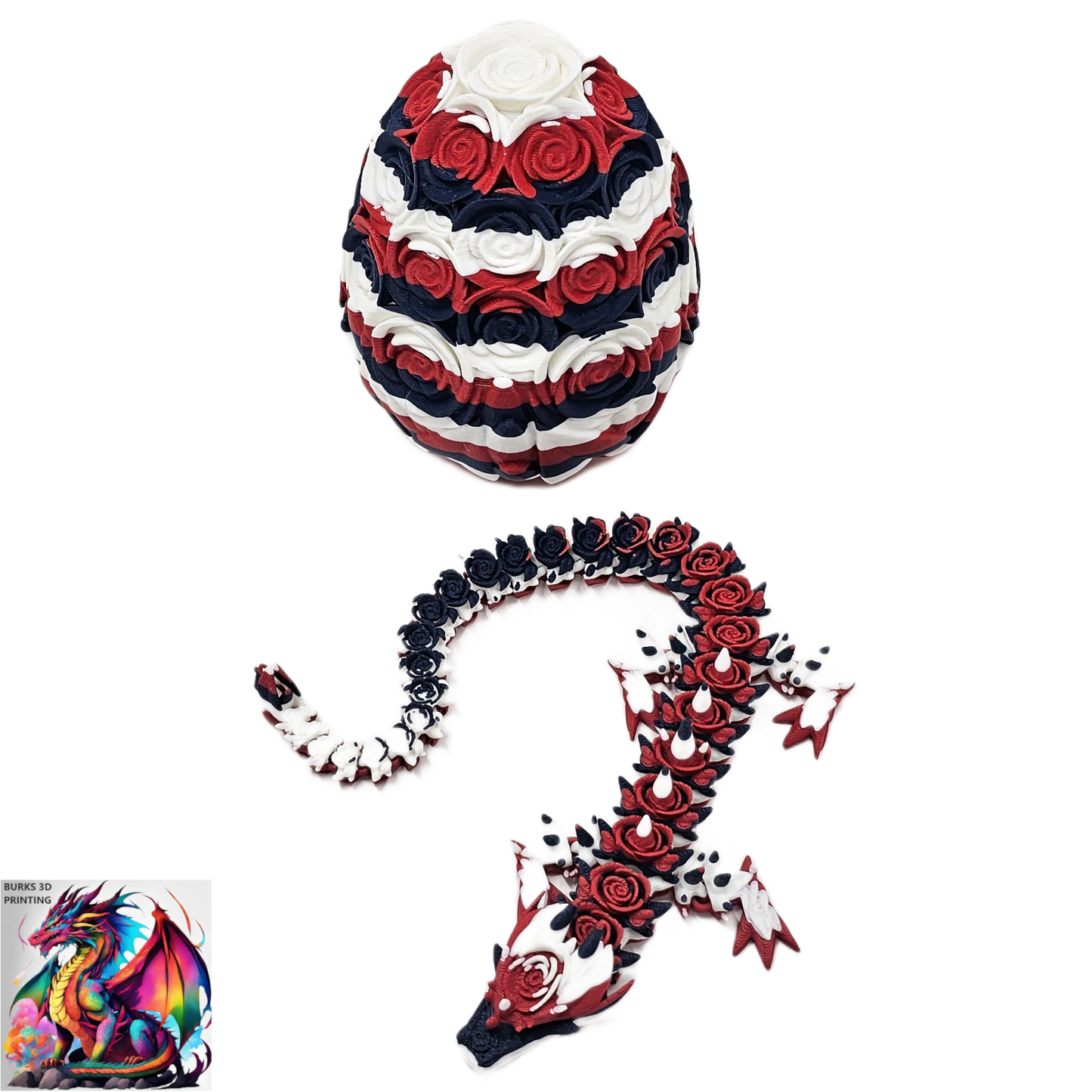 Rose Dragon Rainbow Transition Colors with Matching Rose Egg, 3D Printed Fully Articulated Desk Fidget Dragon Red, White, Blue, Orange, Pink