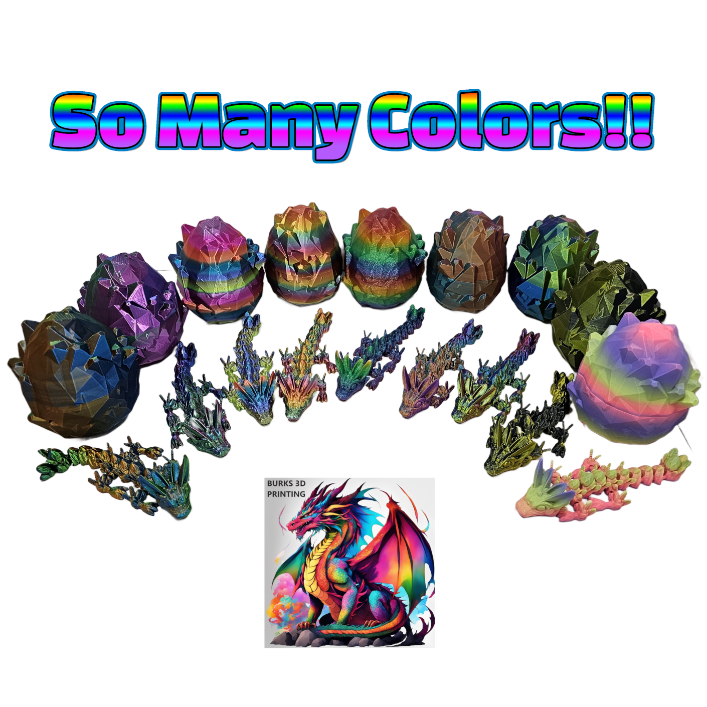 BABY DRAGONS with Matching Eggs, 3D Printed Fully Articulated Desk Fidget, Perfect Gift for Men or Women, Crystal, Easter, Mistletoe, Clover, Autumn, Coral, Orchid