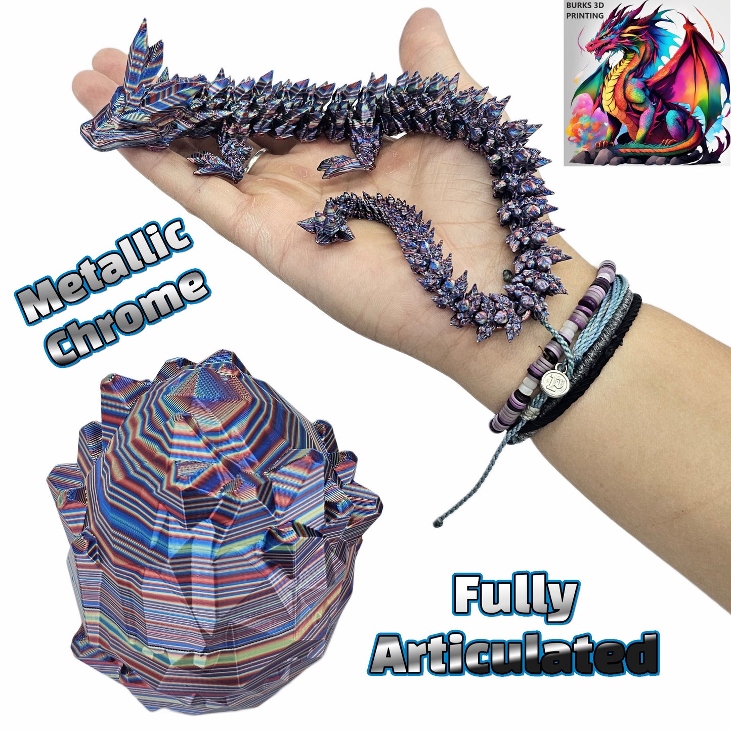 13" "Surprise Me" Rainbow Colors 3D Printed Articulated Desk Fidget Crystal Dragon with Matching Egg Perfect Gift for Men or Women- Durable PLA Plastic, Sensory Sensation Chrome, Pastel