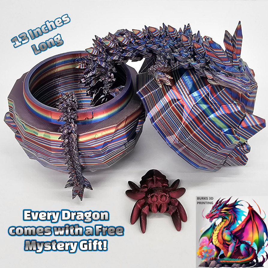 13" "Surprise Me" Rainbow Colors 3D Printed Articulated Desk Fidget Crystal Dragon with Matching Egg Perfect Gift for Men or Women- Durable PLA Plastic, Sensory Sensation Chrome, Pastel