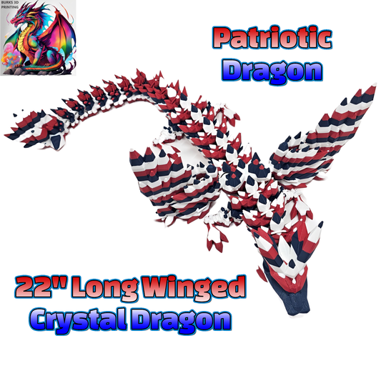 22" Red White and Blue Crystal Dragon with Wings Fully Articulated Desk Fidget 3D Printed with PLA, Patriotic American 4th of July Gift Dragon Gift for Men and Women