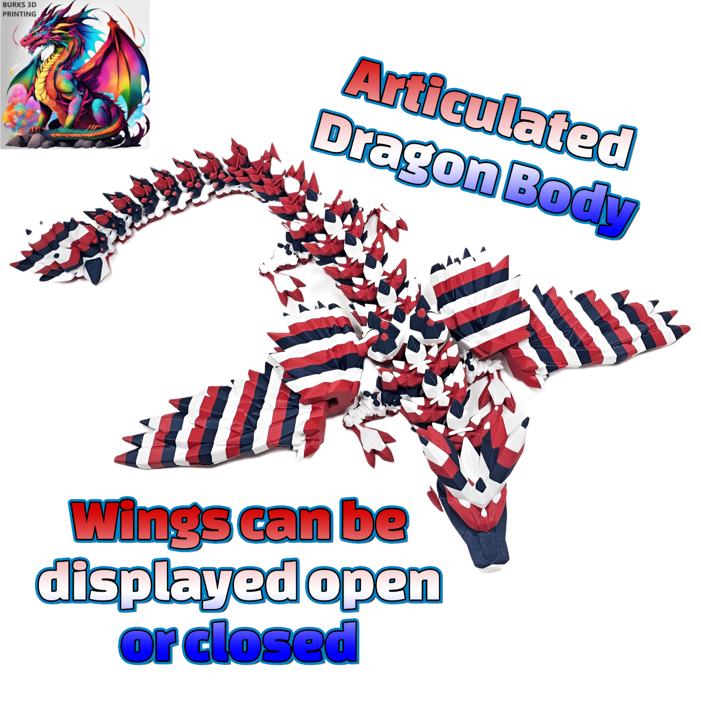 22" Red White and Blue Crystal Dragon with Wings Fully Articulated Desk Fidget 3D Printed with PLA, Patriotic American 4th of July Gift Dragon Gift for Men and Women