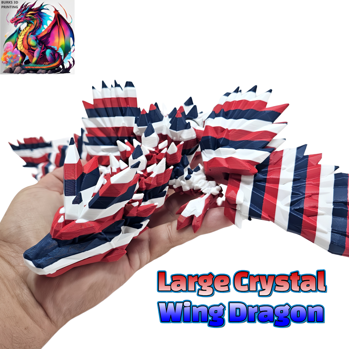 22" Red White and Blue Crystal Dragon with Wings Fully Articulated Desk Fidget 3D Printed with PLA, Patriotic American 4th of July Gift Dragon Gift for Men and Women