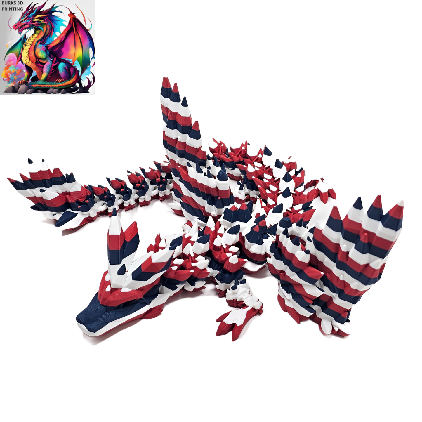22" Red White and Blue Crystal Dragon with Wings Fully Articulated Desk Fidget 3D Printed with PLA, Patriotic American 4th of July Gift Dragon Gift for Men and Women