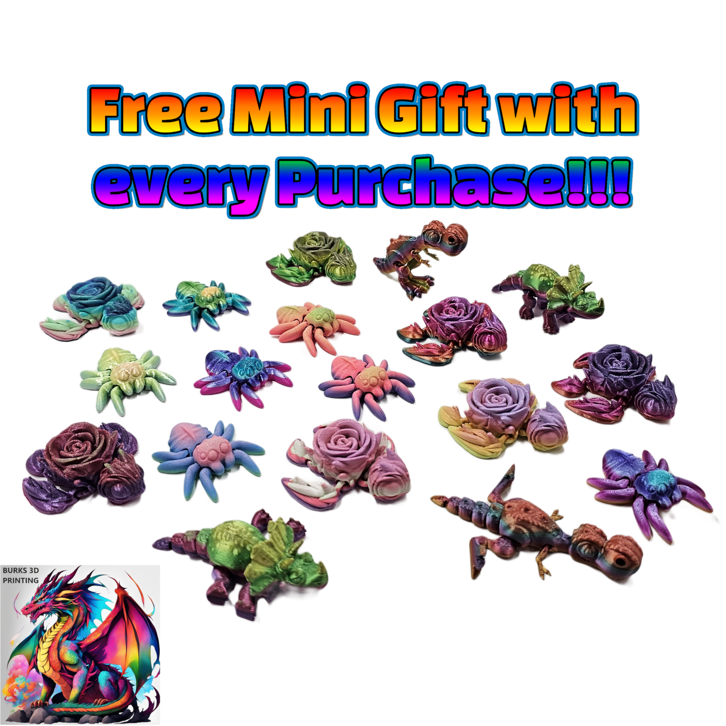 13" Striped Crystal Dragon, Multiple Colors, 3D Printed Articulated Dragon Desk Fidget, Pink, White, Grey, Blue, Orange, Red, Black, Yellow, Green, Purple, Magenta, Silver Gift for Men and Women