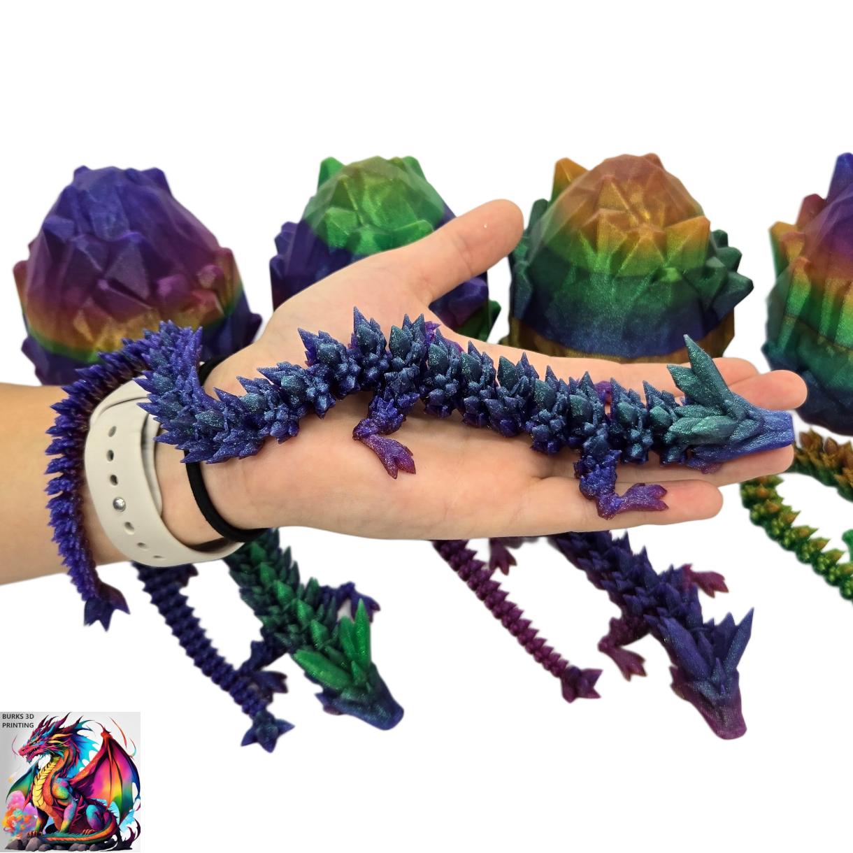 13" "Surprise Me" Rainbow Colors 3D Printed Articulated Desk Fidget Crystal Dragon with Matching Egg Perfect Gift for Men or Women- Durable PLA Plastic, Sensory Sensation Chrome, Pastel