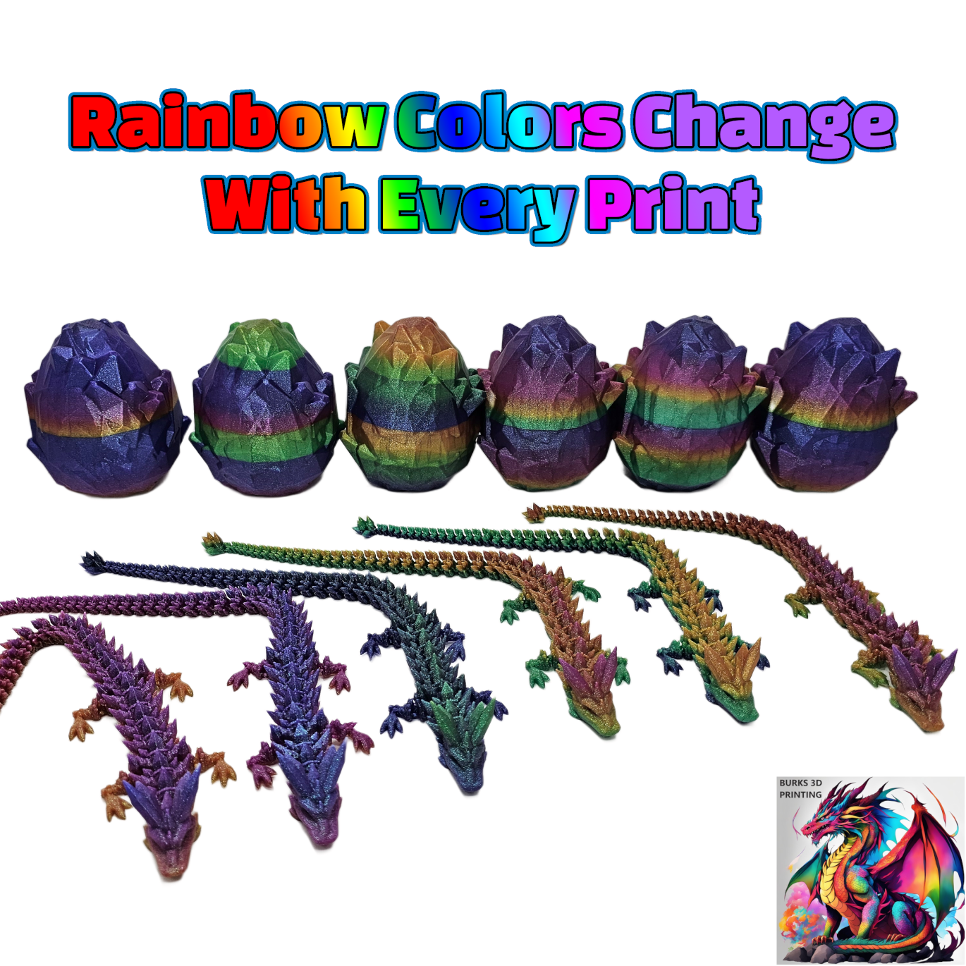 13" "Surprise Me" Rainbow Colors 3D Printed Articulated Desk Fidget Crystal Dragon with Matching Egg Perfect Gift for Men or Women- Durable PLA Plastic, Sensory Sensation Chrome, Pastel
