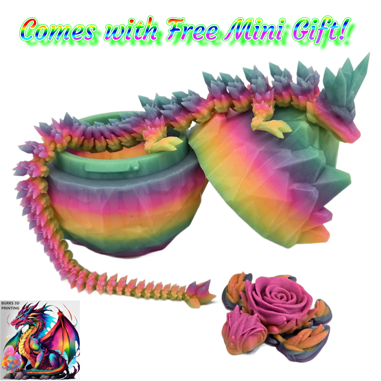 13" Rainbow Glow In The Dark Crystal Dragon 3D Printed Articulated Desk Fidget with Matching Egg - Durable PLA Plastic, Sensory Sensation