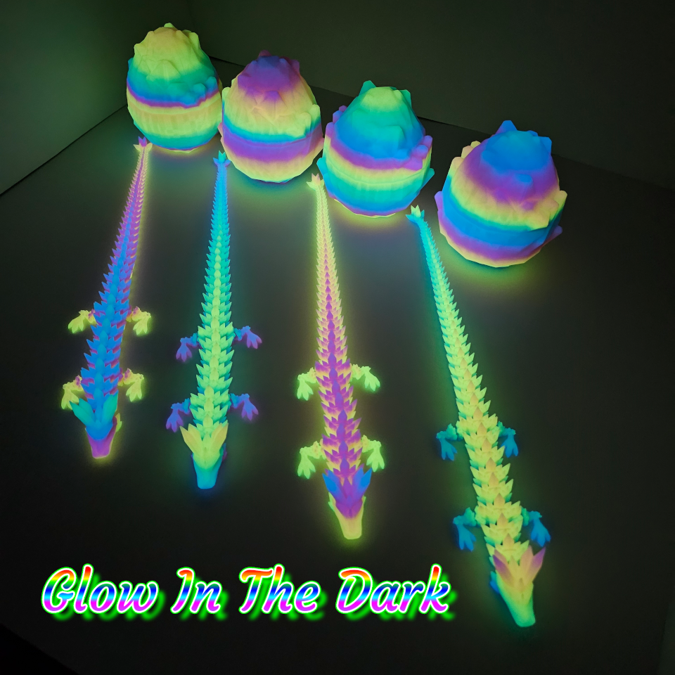 13" Rainbow Glow In The Dark Crystal Dragon 3D Printed Articulated Desk Fidget with Matching Egg - Durable PLA Plastic, Sensory Sensation