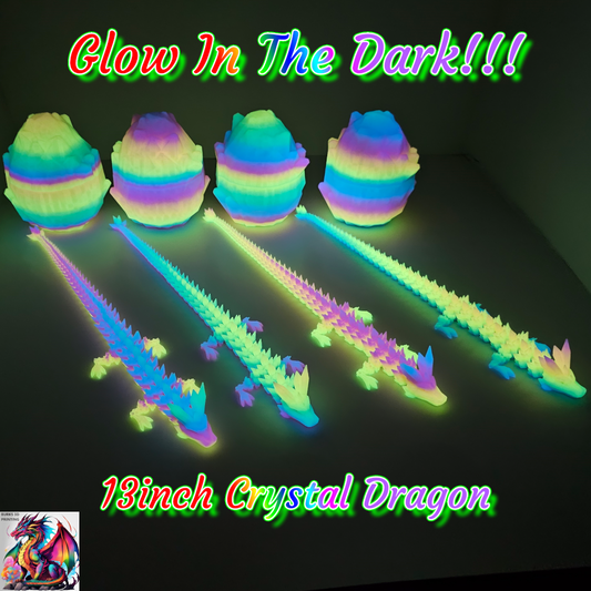 13" Rainbow Glow In The Dark Crystal Dragon 3D Printed Articulated Desk Fidget with Matching Egg - Durable PLA Plastic, Sensory Sensation