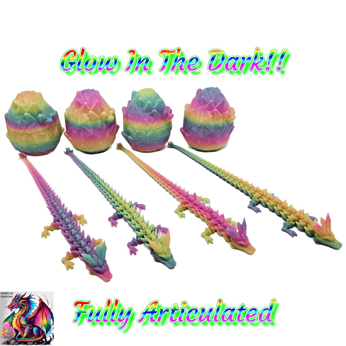 13" Rainbow Glow In The Dark Crystal Dragon 3D Printed Articulated Desk Fidget with Matching Egg - Durable PLA Plastic, Sensory Sensation