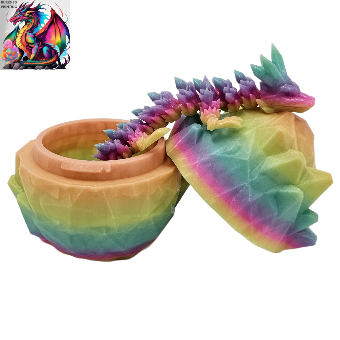 13" Rainbow Glow In The Dark Crystal Dragon 3D Printed Articulated Desk Fidget with Matching Egg - Durable PLA Plastic, Sensory Sensation