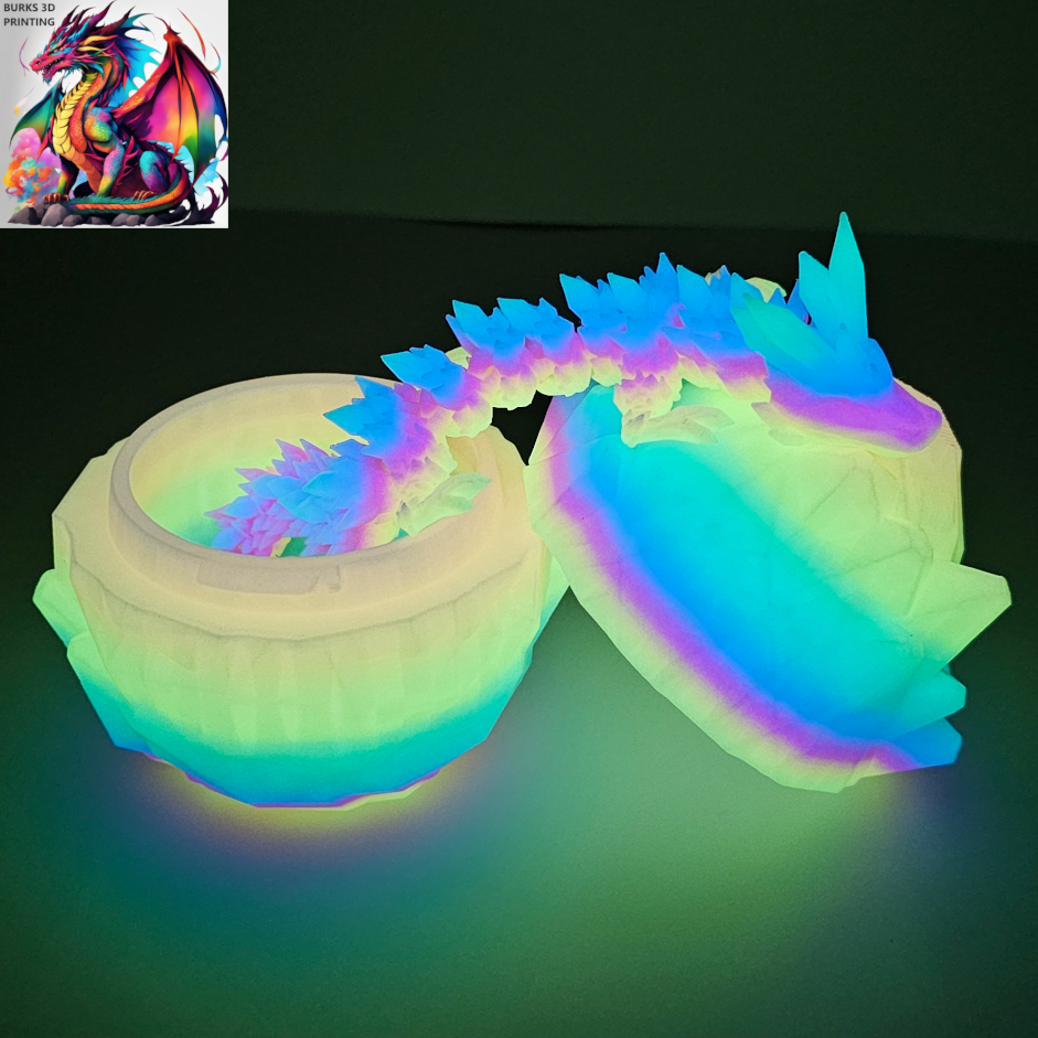 13" Rainbow Glow In The Dark Crystal Dragon 3D Printed Articulated Desk Fidget with Matching Egg - Durable PLA Plastic, Sensory Sensation