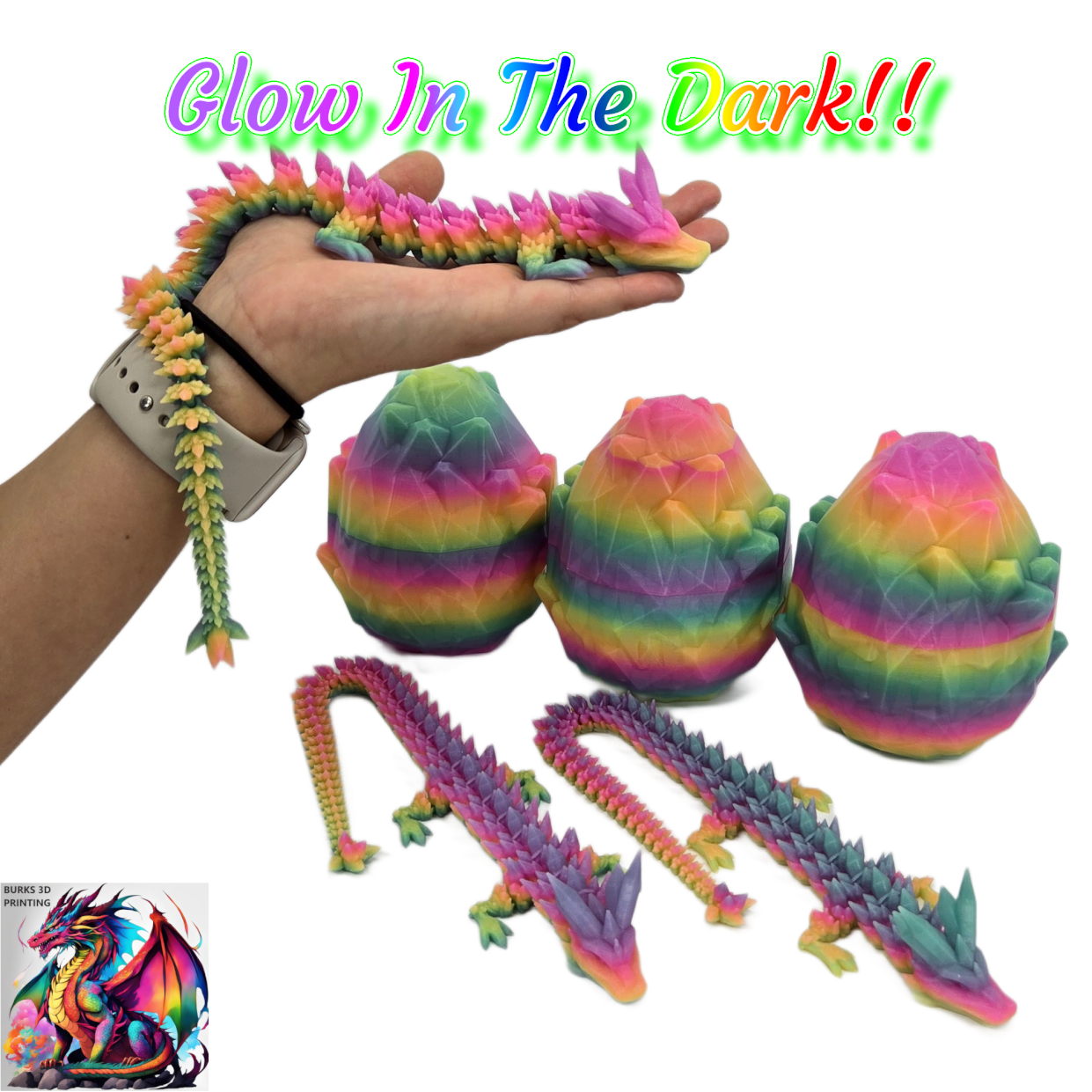 13" Rainbow Glow In The Dark Crystal Dragon 3D Printed Articulated Desk Fidget with Matching Egg - Durable PLA Plastic, Sensory Sensation