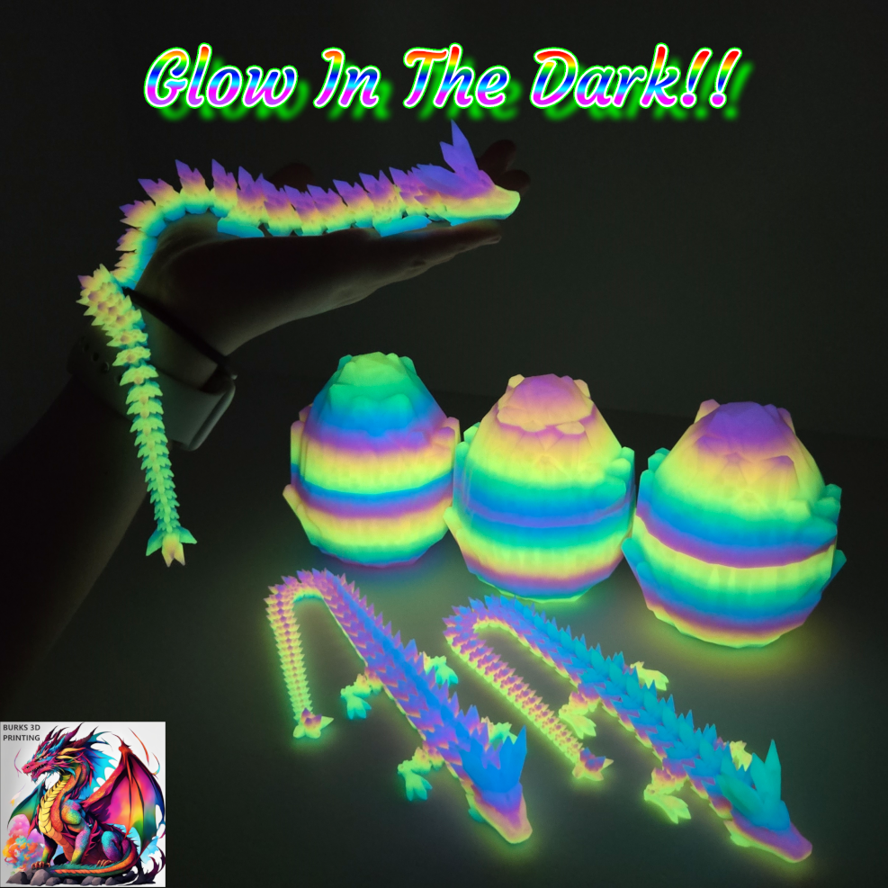 13" Rainbow Glow In The Dark Crystal Dragon 3D Printed Articulated Desk Fidget with Matching Egg - Durable PLA Plastic, Sensory Sensation