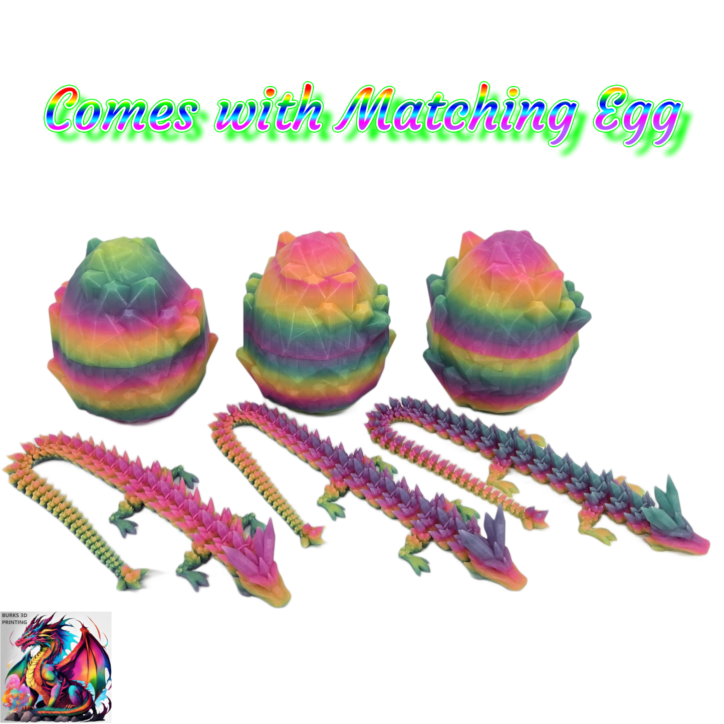 13" Rainbow Glow In The Dark Crystal Dragon 3D Printed Articulated Desk Fidget with Matching Egg - Durable PLA Plastic, Sensory Sensation