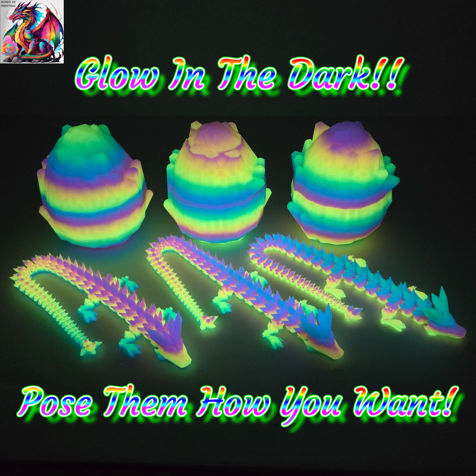 13" Rainbow Glow In The Dark Crystal Dragon 3D Printed Articulated Desk Fidget with Matching Egg - Durable PLA Plastic, Sensory Sensation