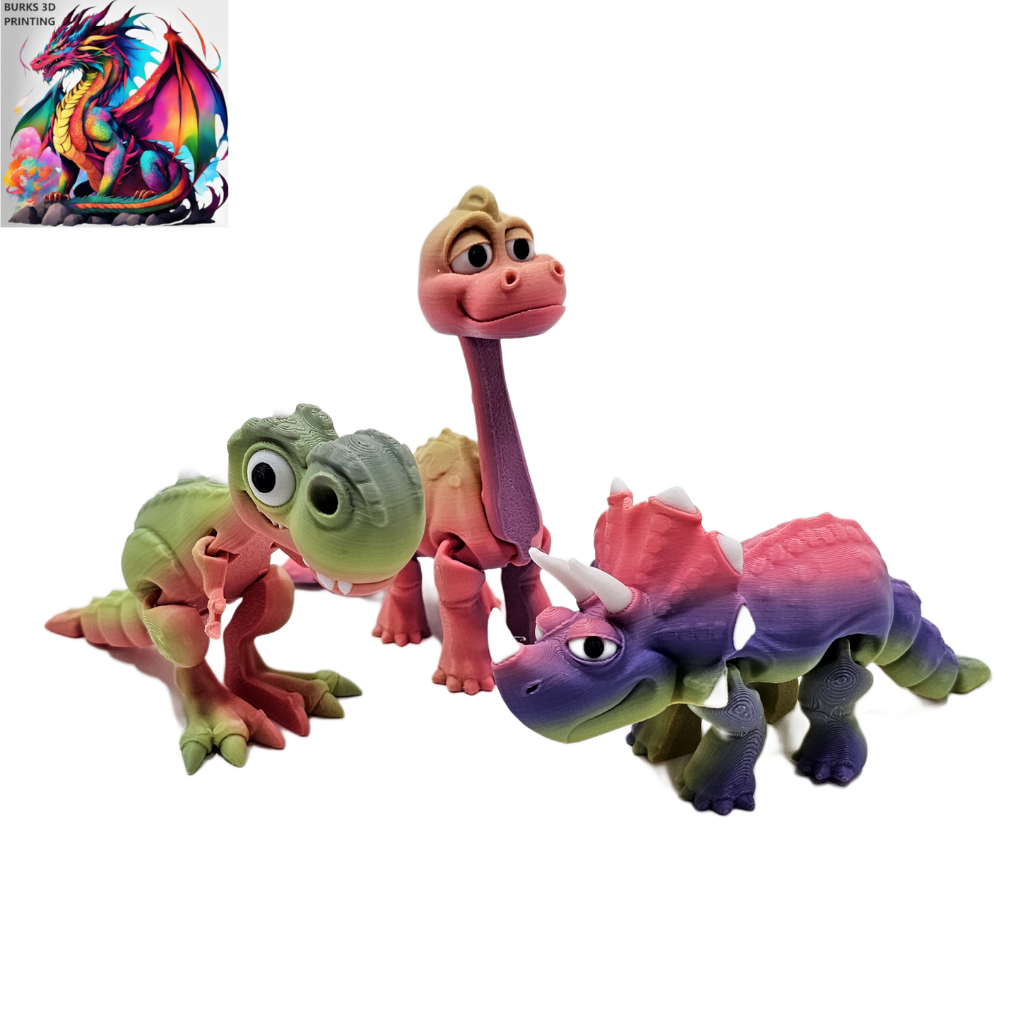 Dinosaur 3Pack Triceratops, Brachiosaurus, & T-Rex Surprise Colors and Glow in the Dark Option, 3D Printed Articulating Tales and Legs, Perfect Desk Fidget Gift for Men or Women