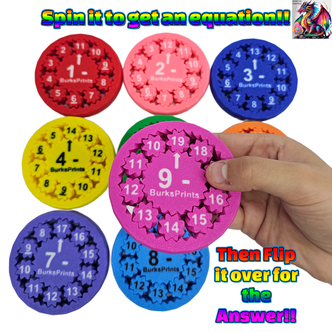 Math Fidget 9 Pack, Anxiety Relief - Gear Fidget Spinner, ADHD , Stress Relief for Adults, Addition, Subtraction, Multiplication, and Division
