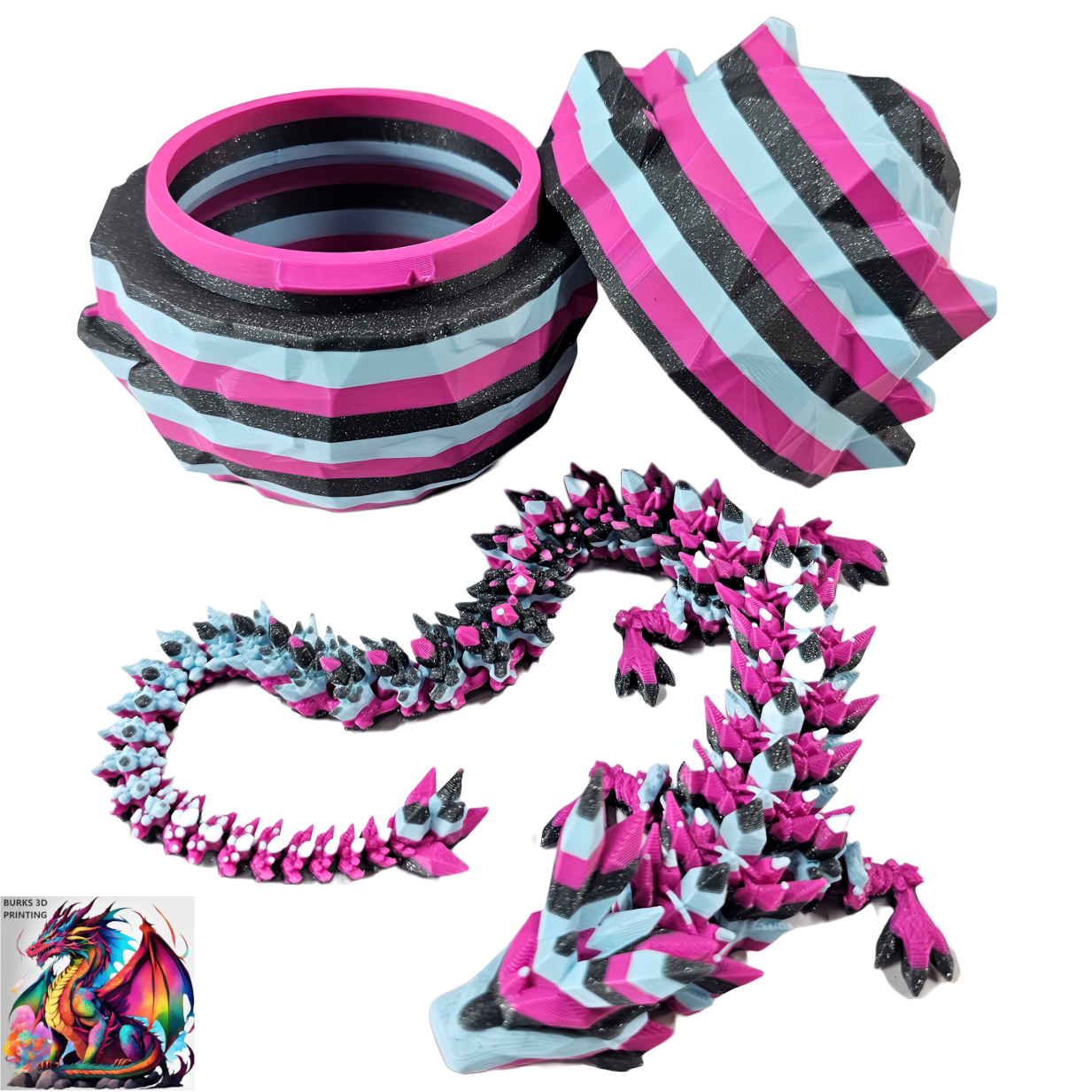 13" Striped Crystal Dragon, Multiple Colors, 3D Printed Articulated Dragon Desk Fidget, Pink, White, Grey, Blue, Orange, Red, Black, Yellow, Green, Purple, Magenta, Silver Gift for Men and Women