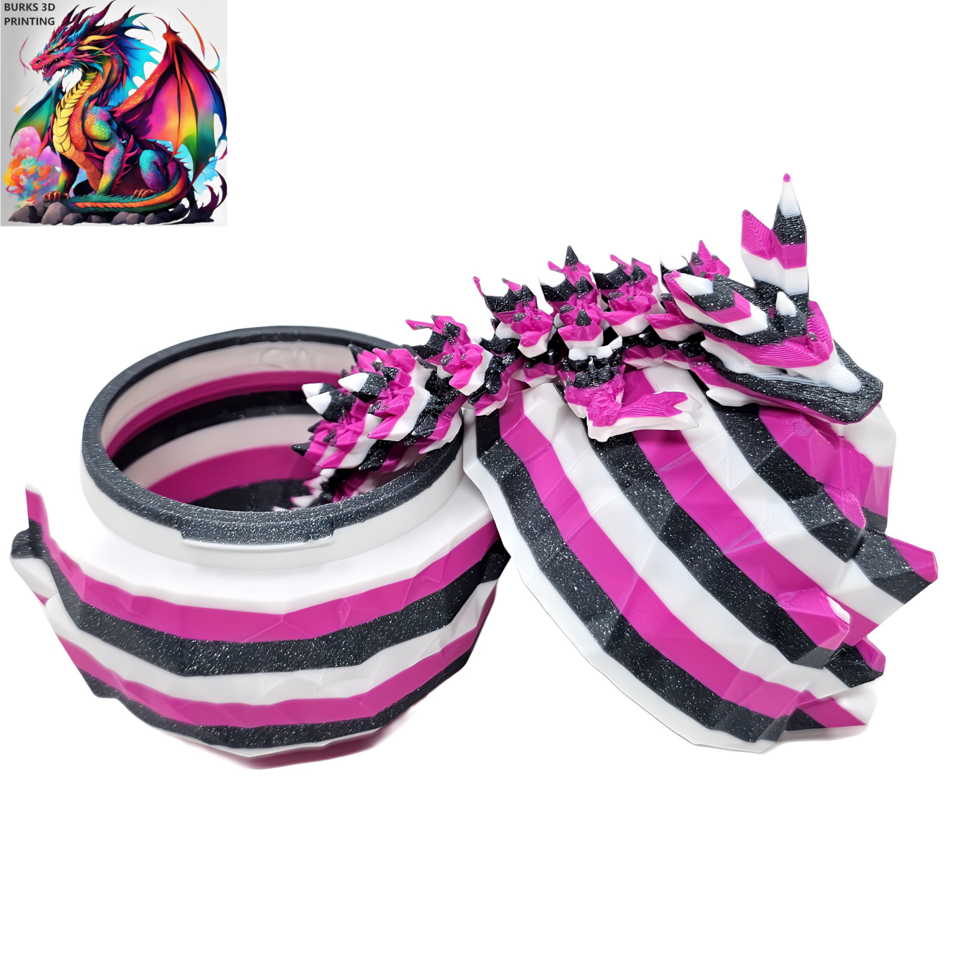 13" Striped Crystal Dragon, Multiple Colors, 3D Printed Articulated Dragon Desk Fidget, Pink, White, Grey, Blue, Orange, Red, Black, Yellow, Green, Purple, Magenta, Silver Gift for Men and Women